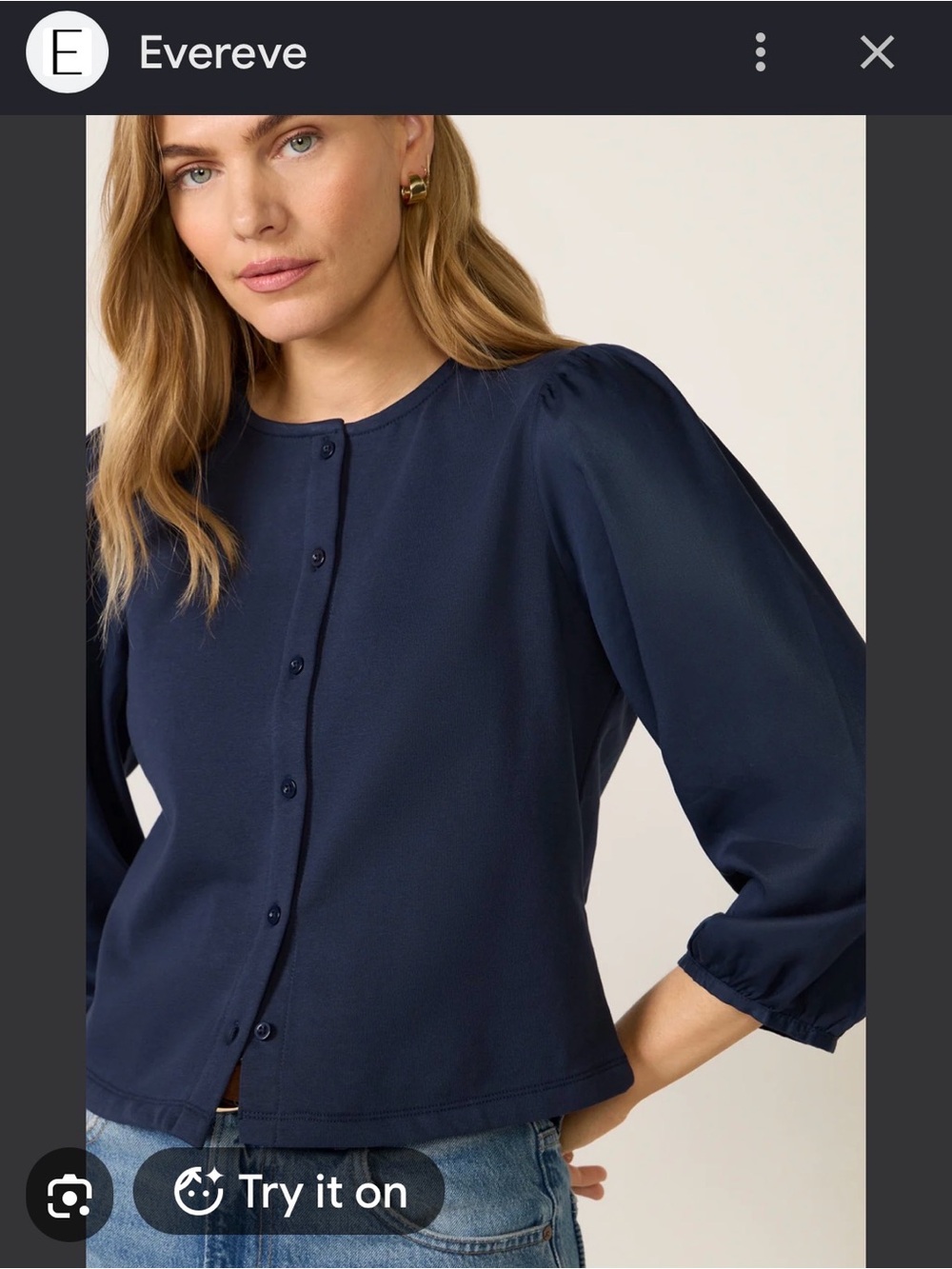 Evereve Dark Navy Button-Front Puff Sleeve Top